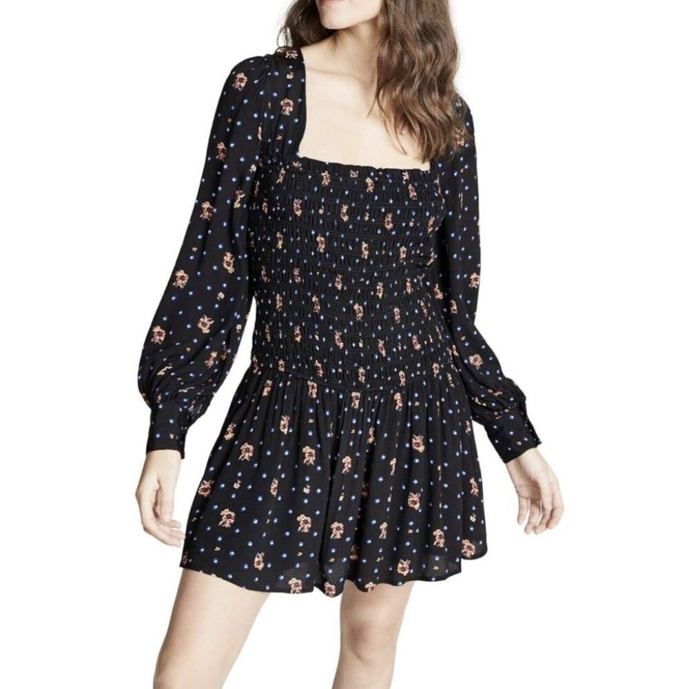 Free People Mini Dress Medium Black Blue Long Sleeves - Picture 1 of 13
